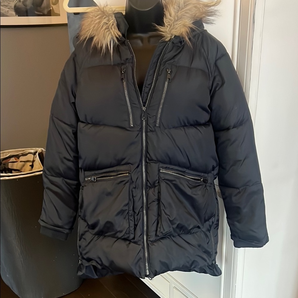 10 Crosby Derek Lam Navy Puffer Jacket with removable Fur Trim hood